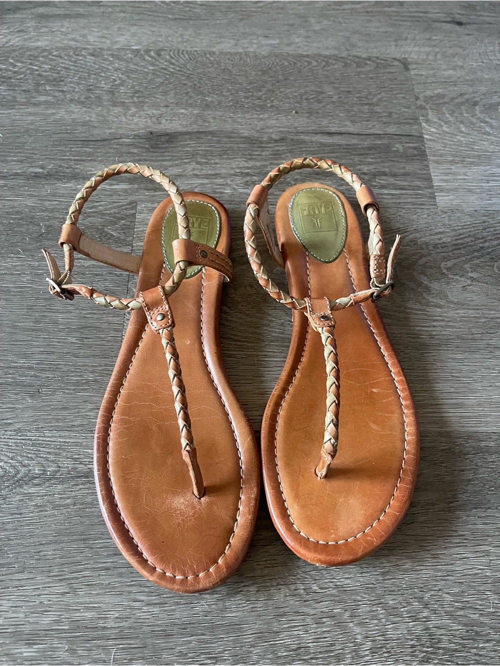 Frye Tan Braided Leather T-Strap Sandals Size 9M